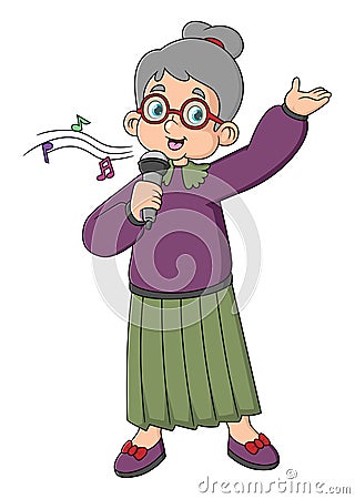 Senior people singing karaoke. Old woman singing song with microphone. Old people lifestyle concept. Senior lady relaxing at Vector Illustration