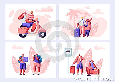 Senior People Traveling Set. Aged Touristic Travelers Waiting Bus on Station, Riding Bike, Watching Map, Making Selfie Vector Illustration