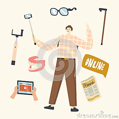 Senior People Use Gadgets and Smart Devices Concept. Aged Man Make Selfie. Advanced Elderly Male Character Photographing Vector Illustration