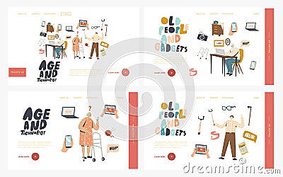 Senior People Using Smart Devices Landing Page Template Set. Aged Pensioner Characters Learn How to Use Gadgets, Selfie Vector Illustration