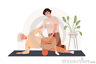 Senior person exercising with roller for rehabilitation, recovery. Nurse helping old woman to recover with physiotherapy Cartoon Illustration