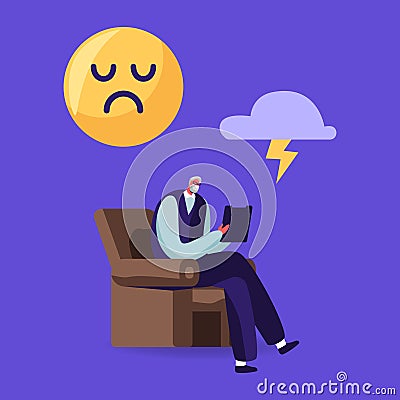 Senior Psychiatrist Character Sit in Armchair Write in Notebook with Sad Smile and Flashlight in Cloud above Head Vector Illustration