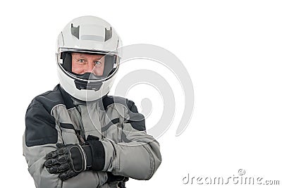 Senior rider with white helmet isolated on the white background Stock Photo