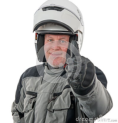 Senior rider with white helmet isolated on the white background Stock Photo