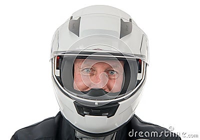 Senior rider with white helmet isolated on the white background Stock Photo