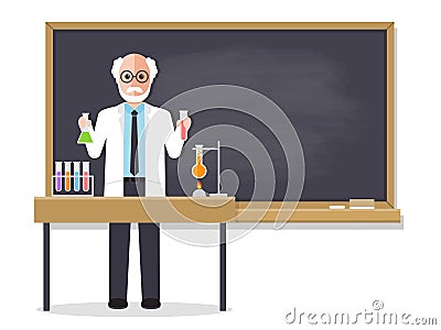 Senior science teacher teaching student in classroom Vector Illustration