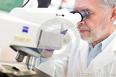 Senior scientist microscoping in lab. Stock Photo