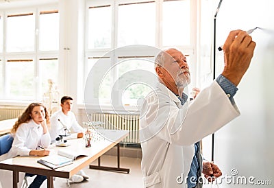 Senior teacher teaching biology to high school students in labor Stock Photo