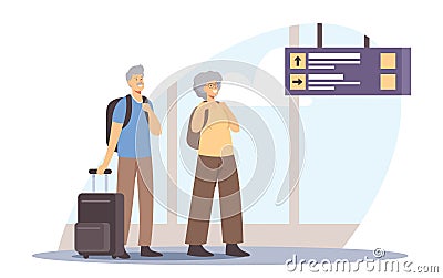 Senior Tourist Characters in Trip, Elderly Traveling People with Luggage Wait Departure in Airport. Aged Couple Voyage Vector Illustration