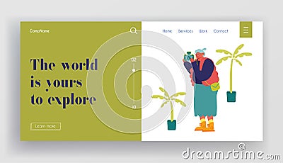 Senior Tourist Making Pictures on Photo Camera in Exotic Country Website Landing Page. Old Woman Traveling Excursion Vector Illustration