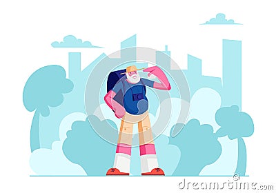 Senior Tourist Male Character with Backpack in City Trip, Elderly Traveling Man with Photo Camera Travel at Summer Time Vector Illustration