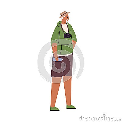 Senior tourist standing with camera and water bottle in hand. Mature travel photographer during sightseeing. Modern old Vector Illustration