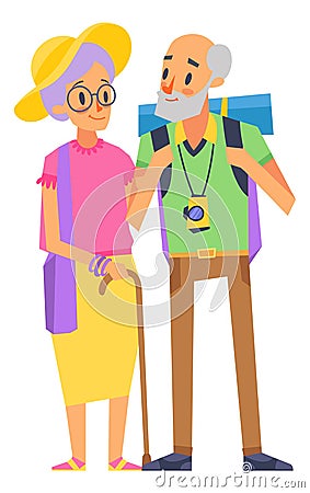 Senior tourists concept. Old woman with walking cane and man with photocamera Vector Illustration