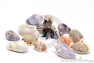 Senior traveler and sea shells on white background. Aged backpacker and seashells collection. Stock Photo