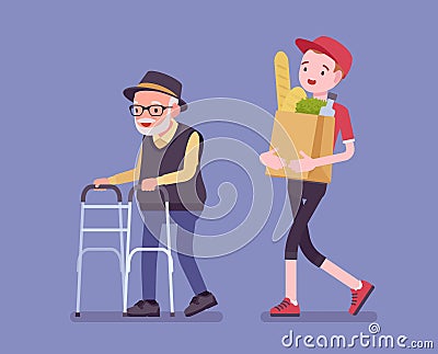 Senior with walker, aged handicapped man and male volunteer helping Vector Illustration