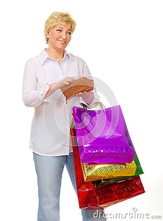 Senior woman with bags and wallet Stock Photo