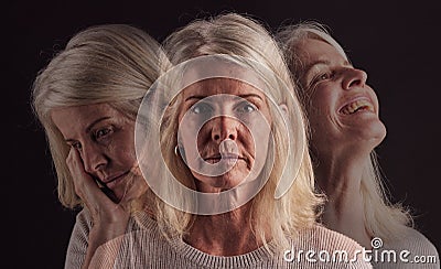 Senior woman, bipolar or mental health for depression, psychology or mood swings. Mature female, depressed or Stock Photo