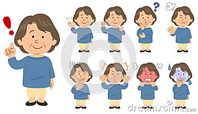 A senior woman in a blue cutaway Set of nine poses Vector Illustration