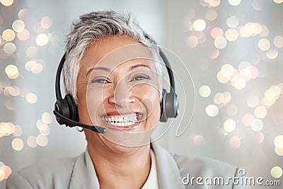 Senior woman, call center and face, happy with contact us and CRM, consultant in portrait with headset and smile Stock Photo