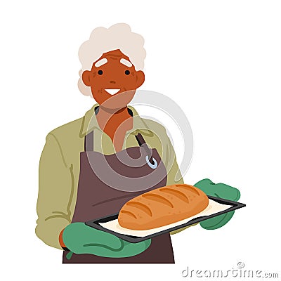 Senior Woman Carries A Tray With Freshly Baked Bread, The Aroma Of Warmth And Comfort Wafting Around Her Vector Illustration