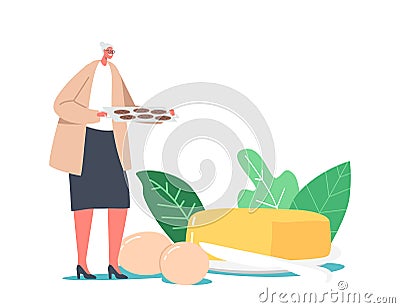 Senior Woman Carry Tray with Fresh Pies or Cookies. Grandmother Hospitality and Fat Food Concept. Granny with Patties Vector Illustration