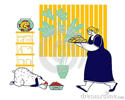 Senior Woman Carry Tray with Pile of Fresh Pies. Grandmother Hospitality and Fat Food Concept. Fatty Dog Eating on Floor Vector Illustration