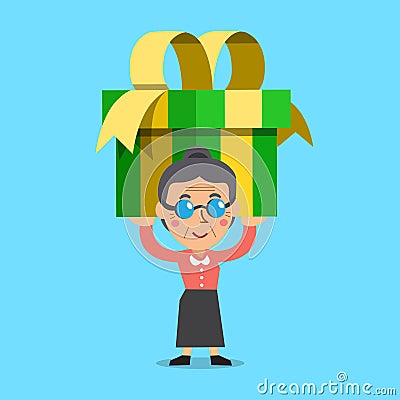 Senior woman carrying a big gift box Vector Illustration