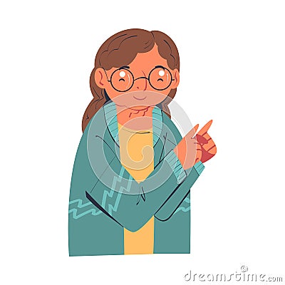 Senior Woman Character in Glasses Smiling and Indicating Pointing with Index Finger Vector Illustration Vector Illustration
