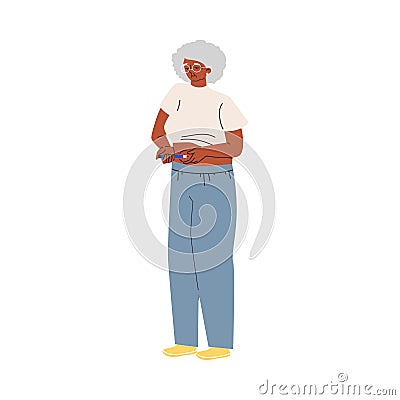 Senior woman confidently self-administers insulin injection into belly, vector diabetes control and healthcare treatment Cartoon Illustration