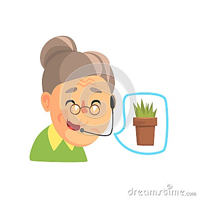 Senior woman consulting people about plants, matire online customer support service assistant with headphones cartoon Vector Illustration