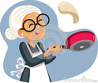 Cheerful Grandmother Flipping Pancakes for Breakfast Vector Illustration