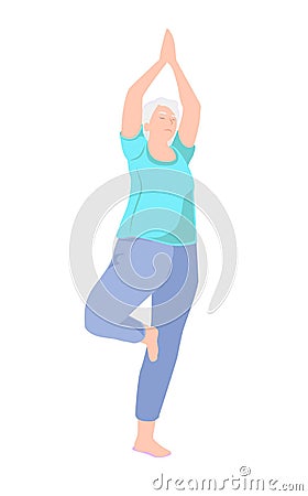 Senior woman doing yoga exercises. Full length of mature character in tree pose isolated on white background. Balance Vector Illustration