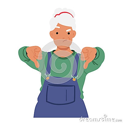 Senior Woman Expresses Her Disapproval By Firmly Extending Her Thumbs Downward. Old Female Character Showing Dislike Vector Illustration