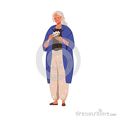 Senior woman with flower bunch. Modern elderly aged lady holding floral bouquet. Stylish old female wearing fashion Vector Illustration