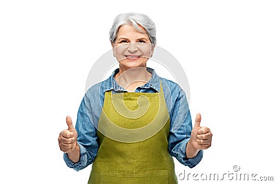 senior woman in garden apron showing thumbs up Stock Photo