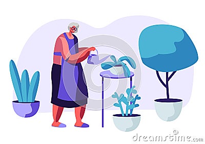 Senior Woman Gardening Hobby. Aged Grey Haired Female Character in Apron Caring of Home Plants in Pots. Old Lady Watering Can Vector Illustration