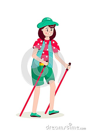 Senior woman with hat nordic walking flat illustration Vector Illustration