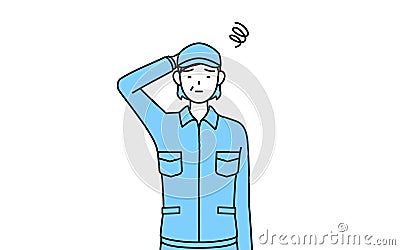 Senior woman in hat and work clothes scratching her head in distress Stock Photo