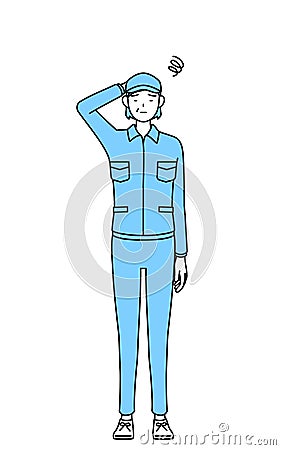 Senior woman in hat and work clothes scratching her head in distress Stock Photo