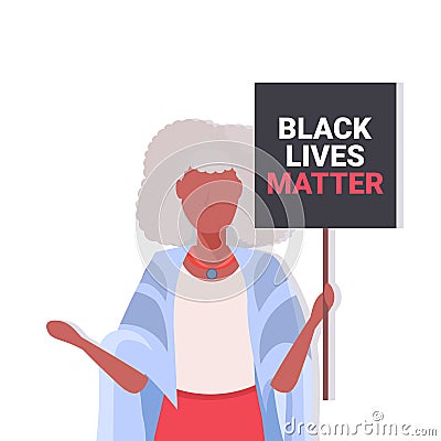 Senior woman holding black lives matter banner awareness campaign against racial discrimination Vector Illustration