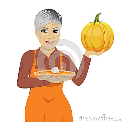 Senior woman holding freshly baked homemade pumpkin pie Vector Illustration