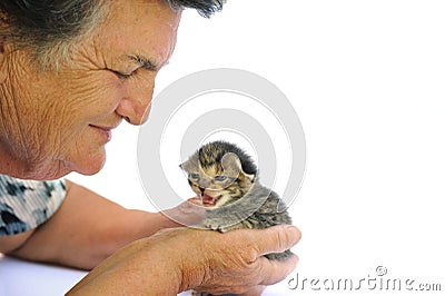 Senior woman holding kitten Stock Photo