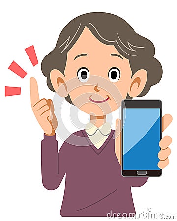 Senior woman holding smartphone in hand to explain the point Vector Illustration