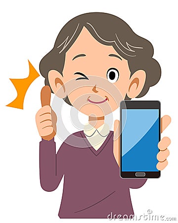 Senior woman holding a smartphone and thumbing up Vector Illustration