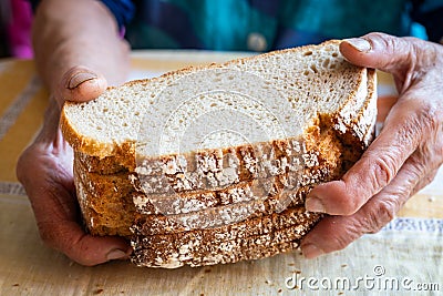 Senior woman holds several slices of dry bread in her old worn hands, Concept, plight of pensioners and poor people Stock Photo