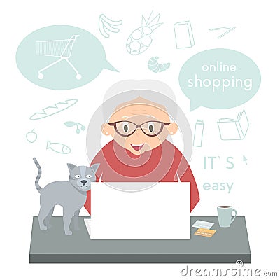 Senior woman makes a purchase over the Internet at home. Grandmother makes Internet shopping. Vector Illustration