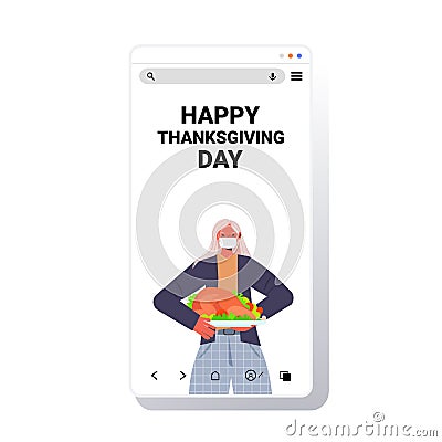 senior woman in mask celebrating happy thanksgiving day grandmother holding roasted turkey coronavirus quarantine Vector Illustration