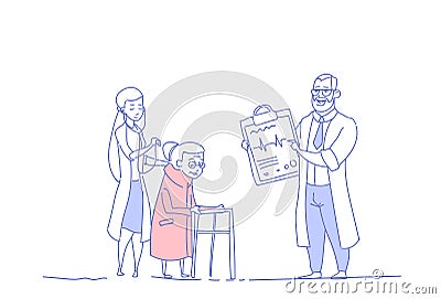 Senior woman medical consultation doctors group pensioner in hospital health care concept sketch doodle horizontal Vector Illustration