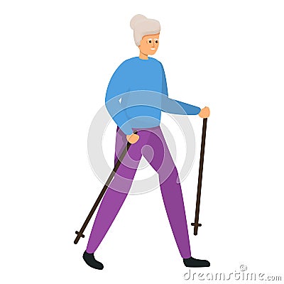 Senior woman nordic walking icon, cartoon style Vector Illustration