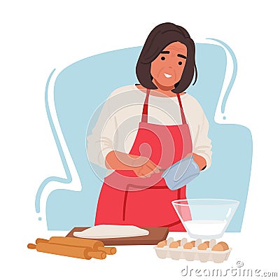 Senior Woman Passionately Makes Dough For Baking, Her Hands Skillfully Mixing, Kneading And Shaping The Ingredients Vector Illustration